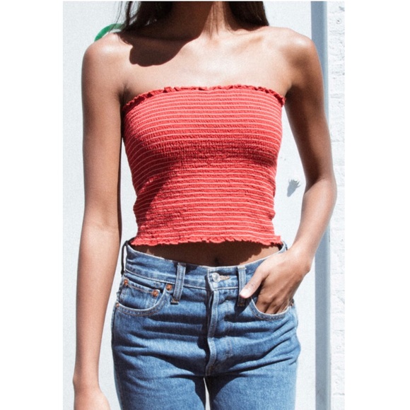 red smocked tube top